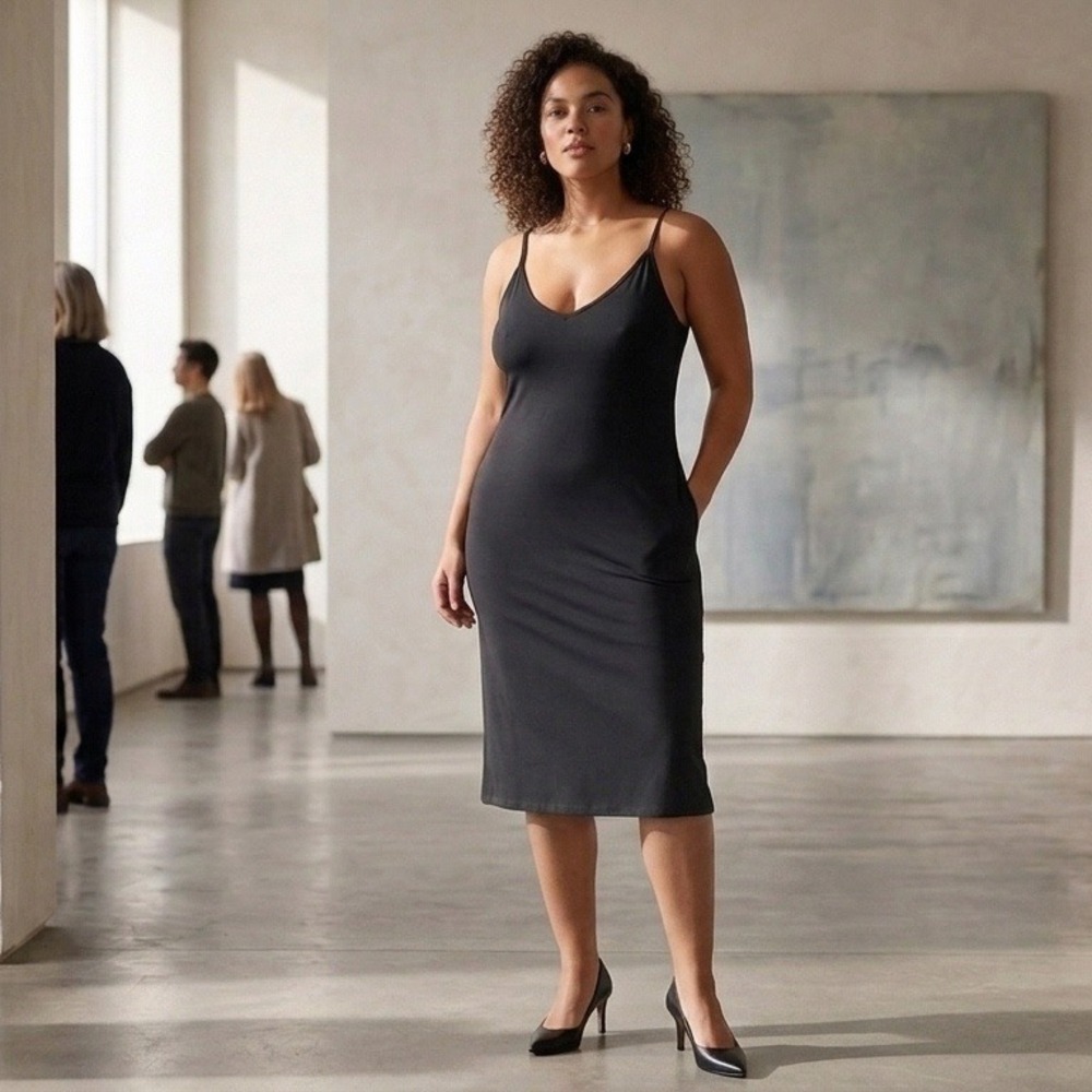 A New Day Midi Dress Womens Large Black V-Neck Spaghetti Strap Side Slit 565713